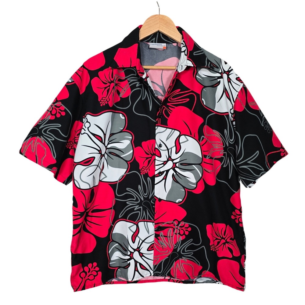 Pacific Coast Men's Black Red Hibiscus Floral Short Sleeve Hawaiian Shirt M